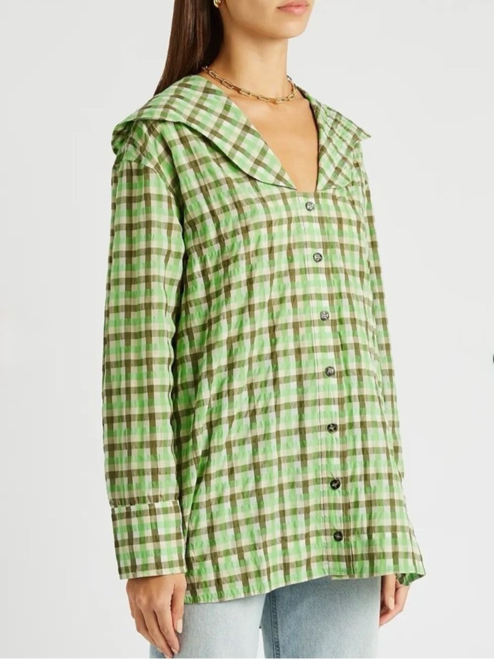 Ganni Seersucker Check Wide Collar Long Sleeve Blouse Shirt Size 6 Medium Green